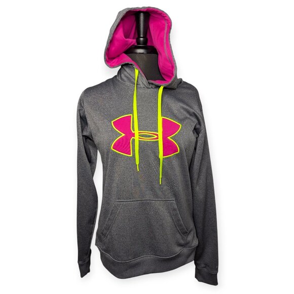 Under Armour Storm Charcoal Hoodie Semi Fitted Neon Pink & Lime Logo Size Medium - Picture 1 of 13